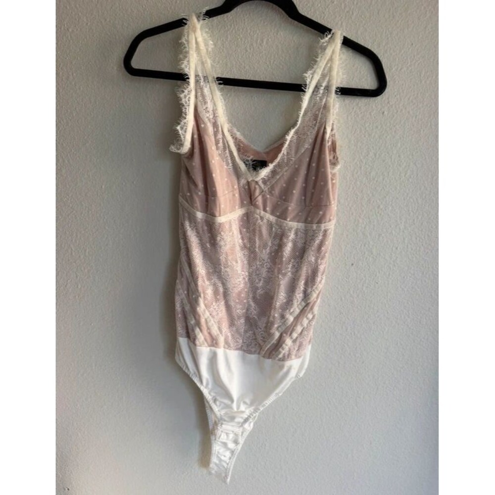 Sheer Mesh Pink Polka Dot Lace Panel Bodysuit